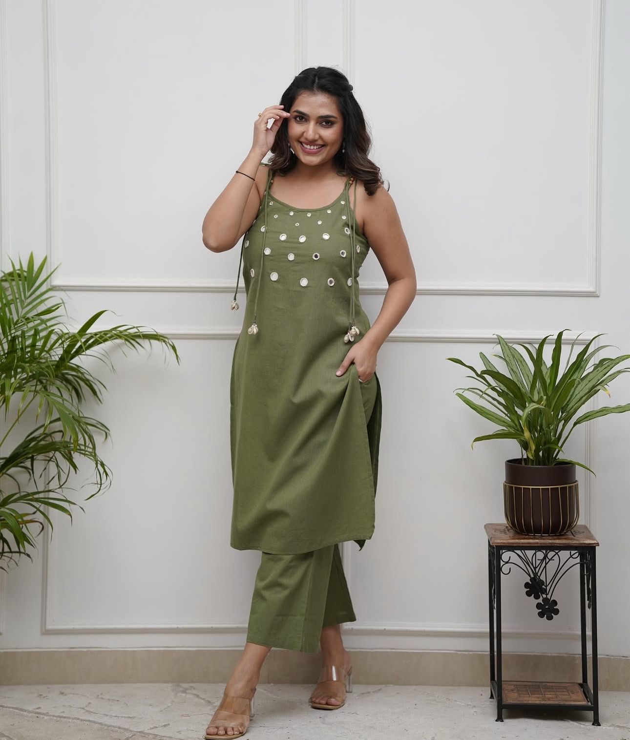 Olive Green Sleeveless Cotton Kurta Pant Set for Women