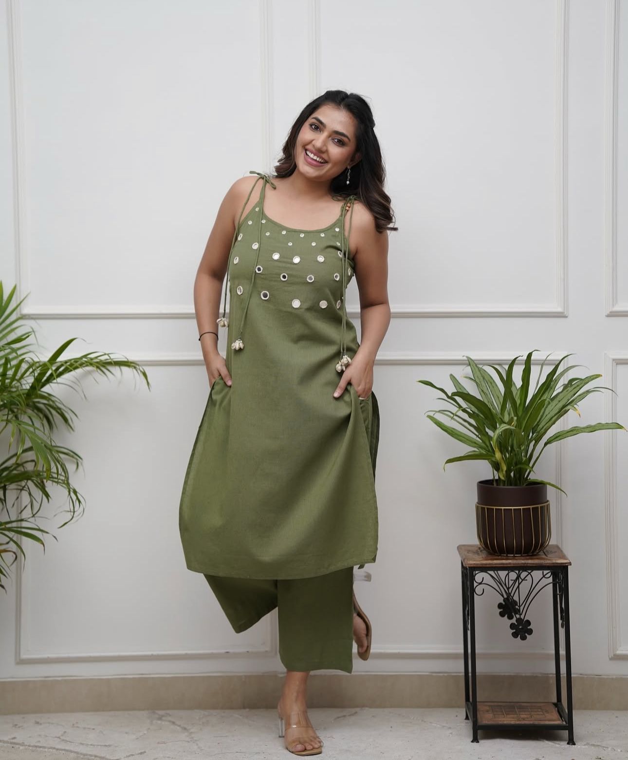Olive Green Sleeveless Cotton Kurta Pant Set for Women
