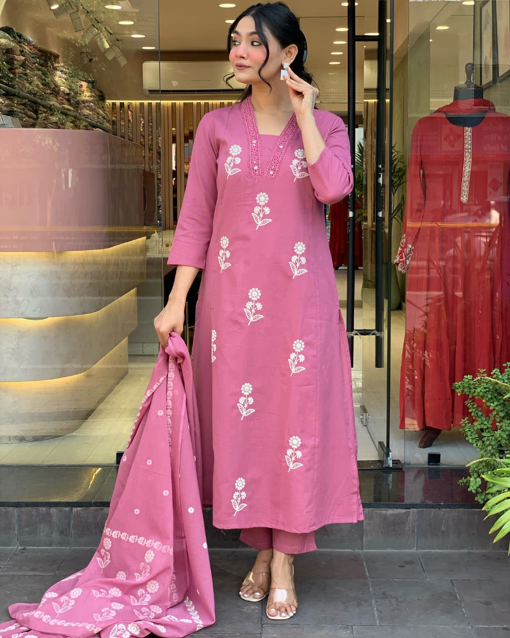 Pink Embroidered Pure Cotton Kurta Pant Suit With Dupatta For Women