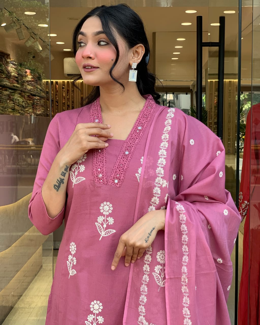 Pink Embroidered Pure Cotton Kurta Pant Suit With Dupatta For Women