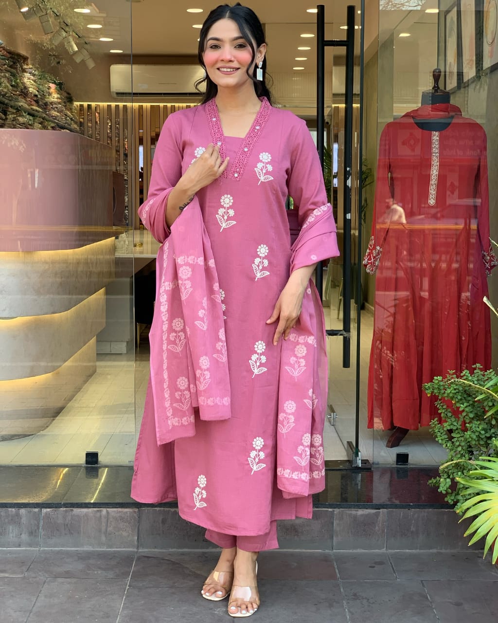 Pink Embroidered Pure Cotton Kurta Pant Suit With Dupatta For Women
