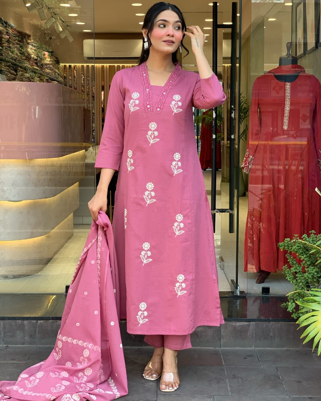 Pink Embroidered Pure Cotton Kurta Pant Suit With Dupatta For Women