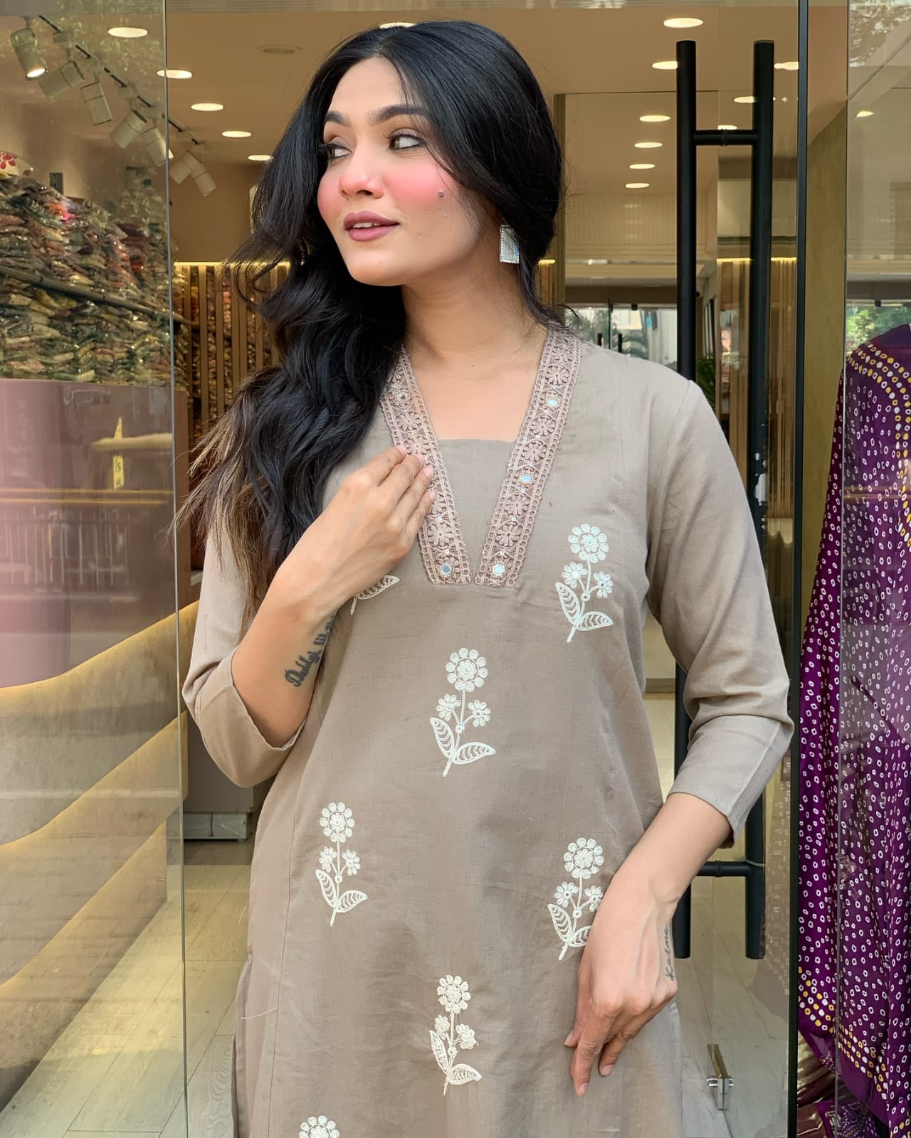 Grey Embroidered Cotton Kurta Set with Dupatta For Women