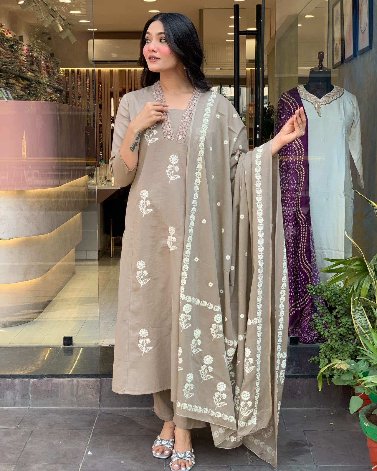 Grey Embroidered Cotton Kurta Set with Dupatta For Women