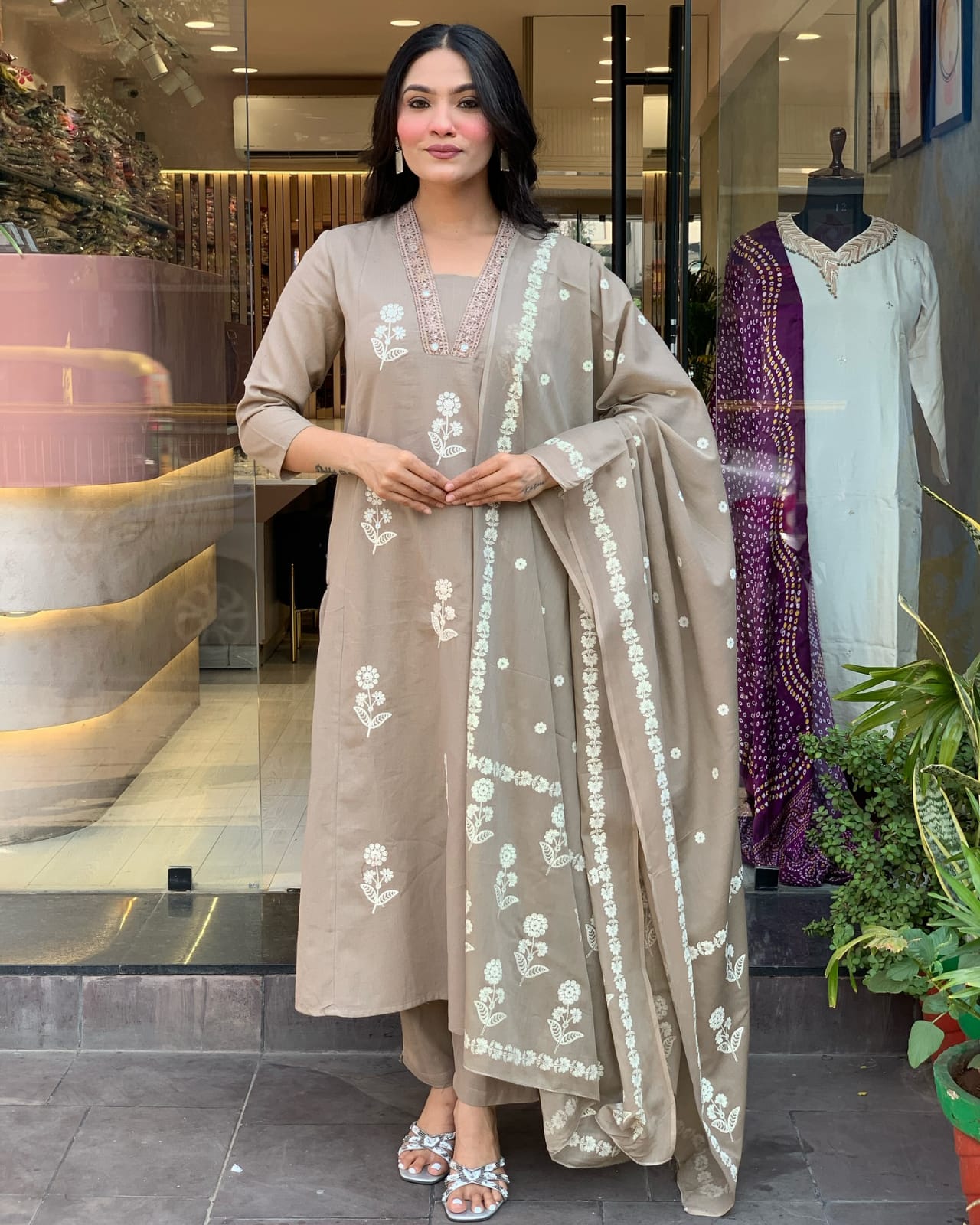 Grey Embroidered Cotton Kurta Set with Dupatta For Women