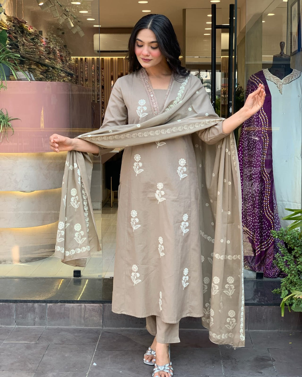 Grey Embroidered Cotton Kurta Set with Dupatta For Women
