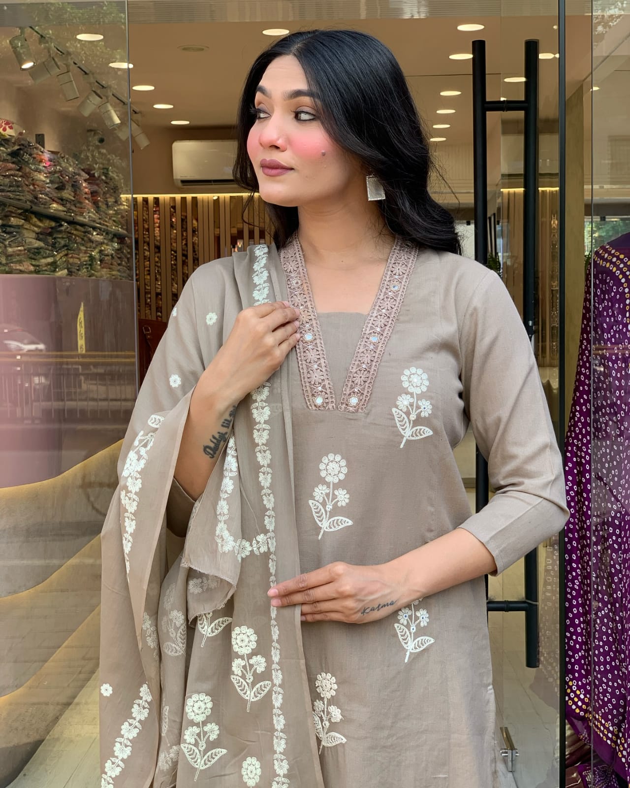 Grey Embroidered Cotton Kurta Set with Dupatta For Women