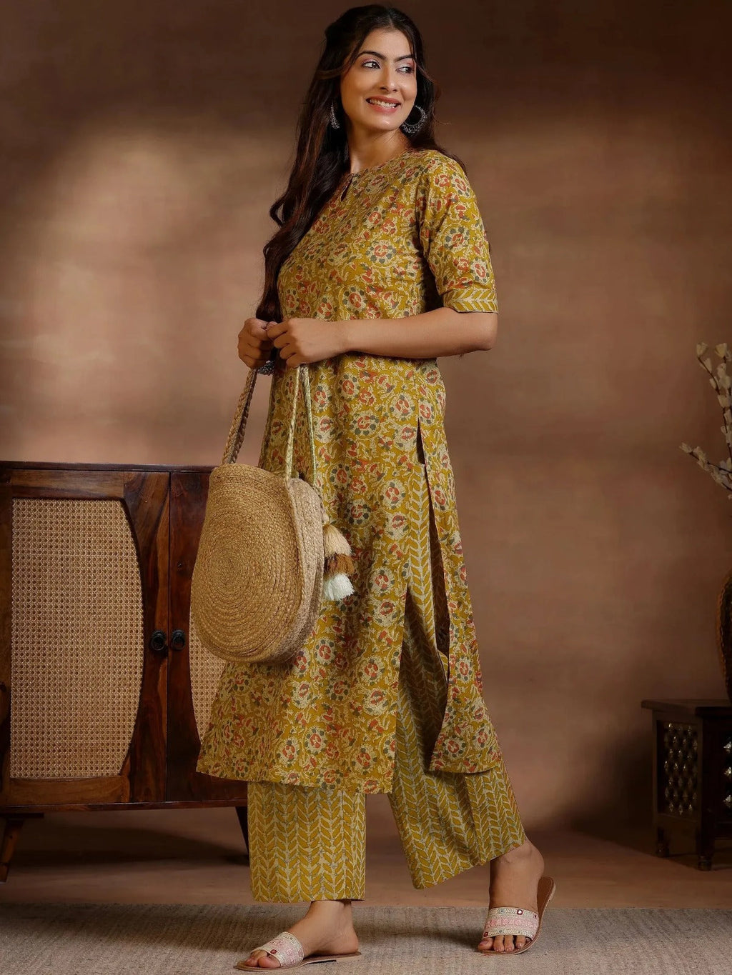 Mustard Floral Printed Straight Kurta with Printed Pants for Women