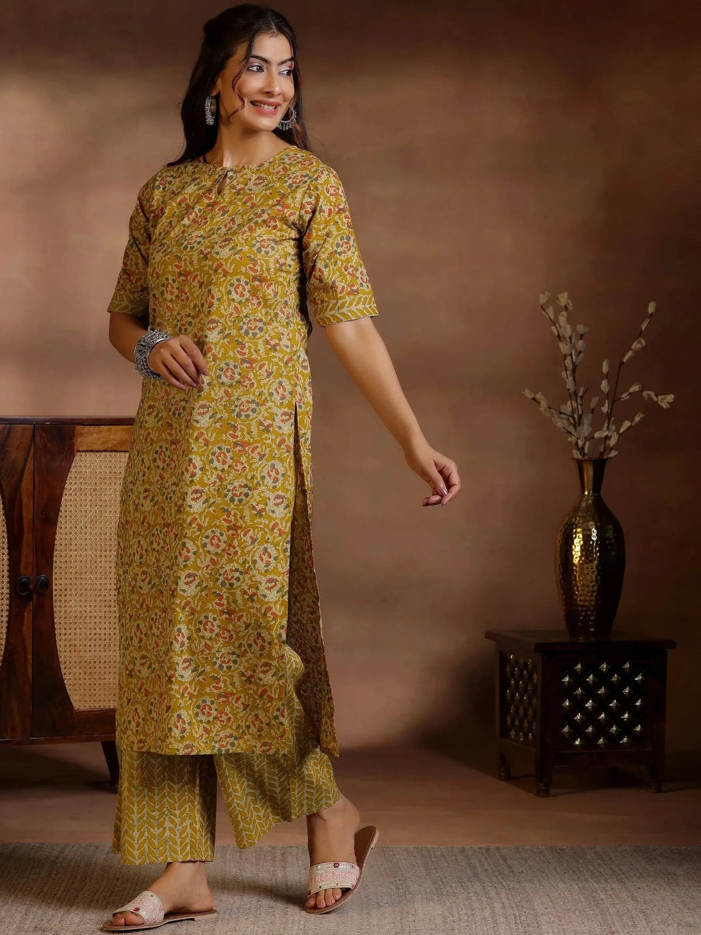 Mustard Floral Printed Straight Kurta with Printed Pants for Women