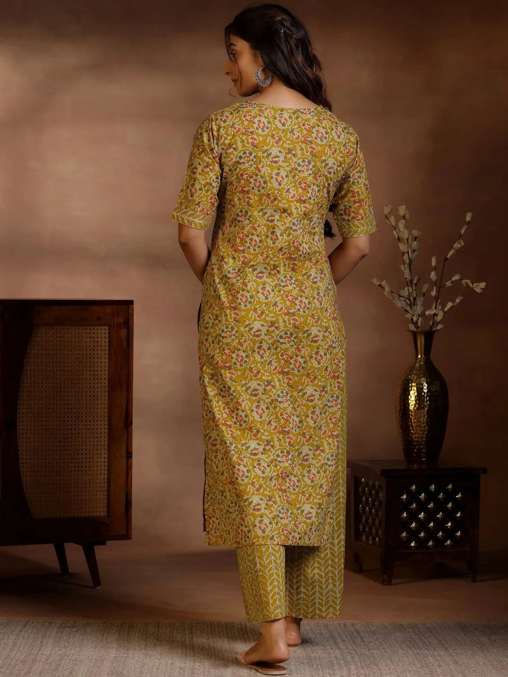 Mustard Floral Printed Straight Kurta with Printed Pants for Women