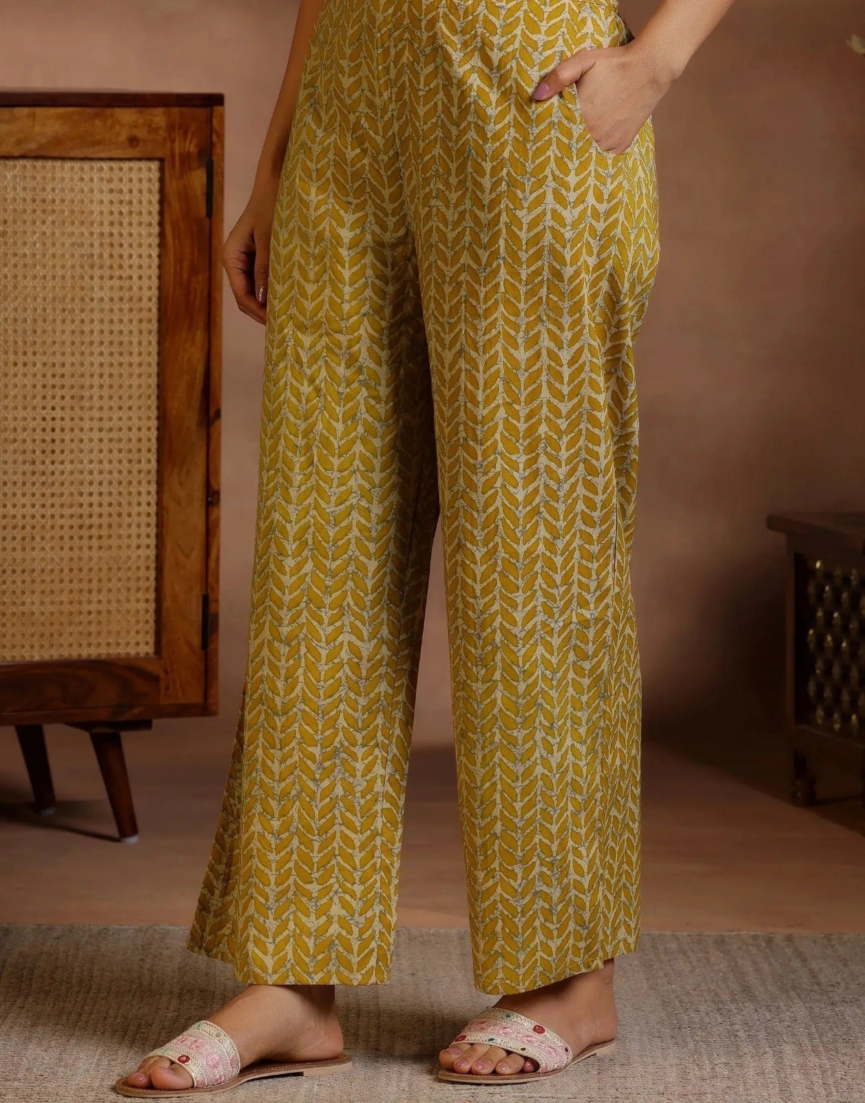 Mustard Floral Printed Straight Kurta with Printed Pants for Women