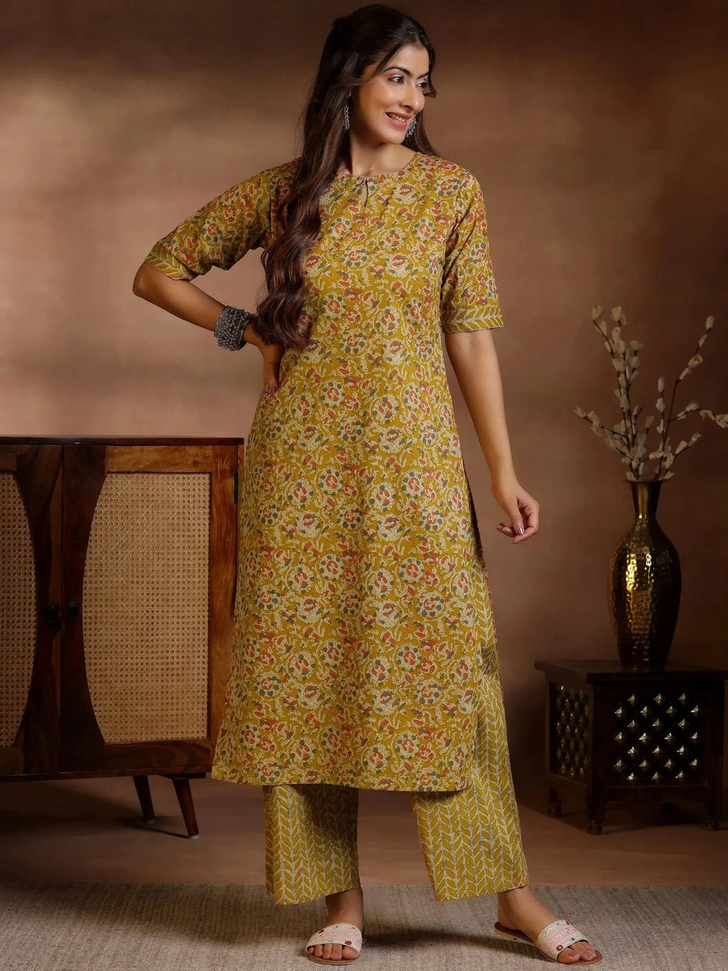 Mustard Floral Printed Straight Kurta with Printed Pants for Women