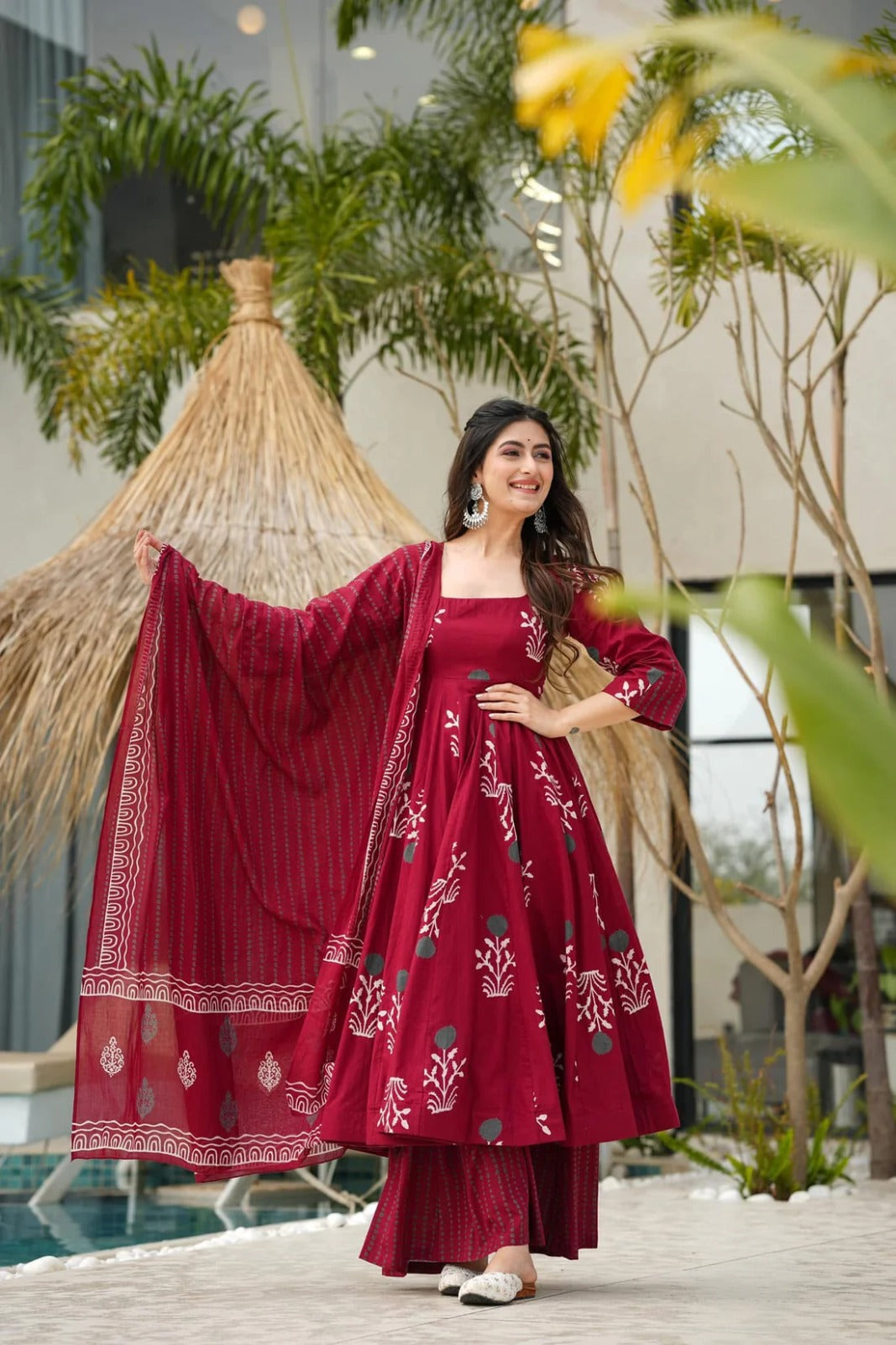 Wine Red Floral Printed Anarkali Kurta Set with Dupatta for Women