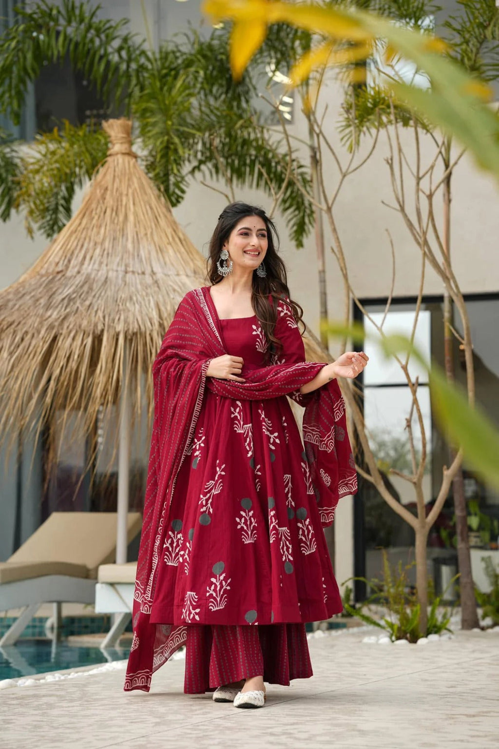 Wine Red Floral Printed Anarkali Kurta Set with Dupatta for Women