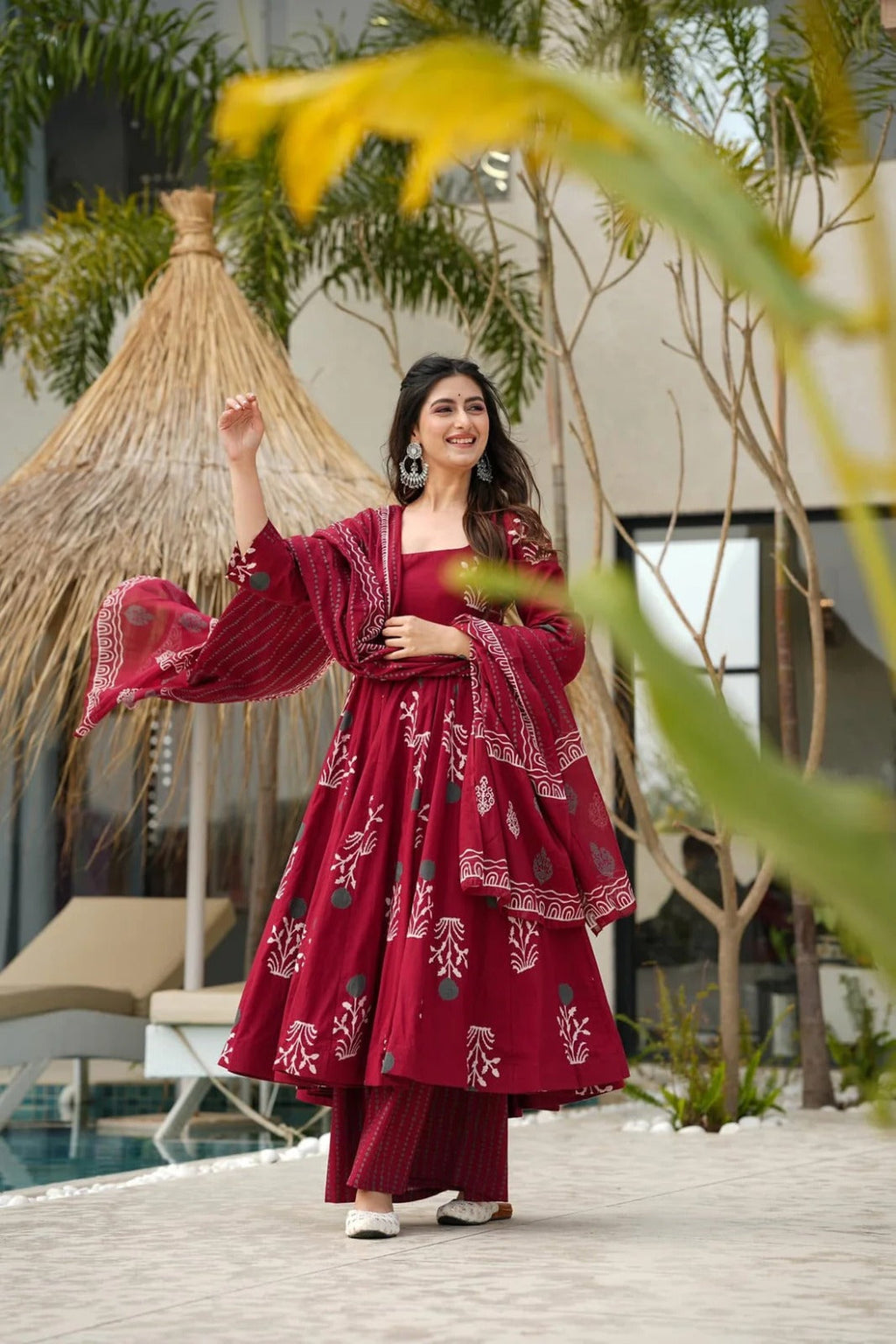 Wine Red Floral Printed Anarkali Kurta Set with Dupatta for Women