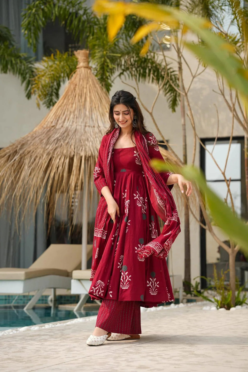 Wine Red Floral Printed Anarkali Kurta Set with Dupatta for Women