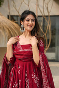 Wine Red Floral Printed Anarkali Kurta Set with Dupatta for Women