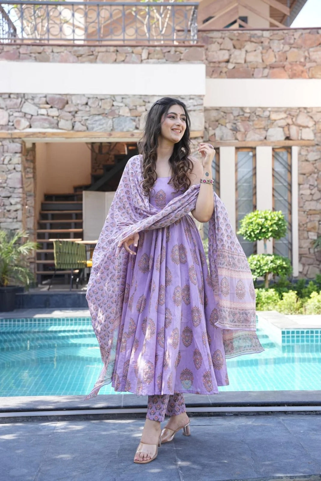 Pure Cotton Purple Lavender Anarkali Kurta And Pant With Dupatta