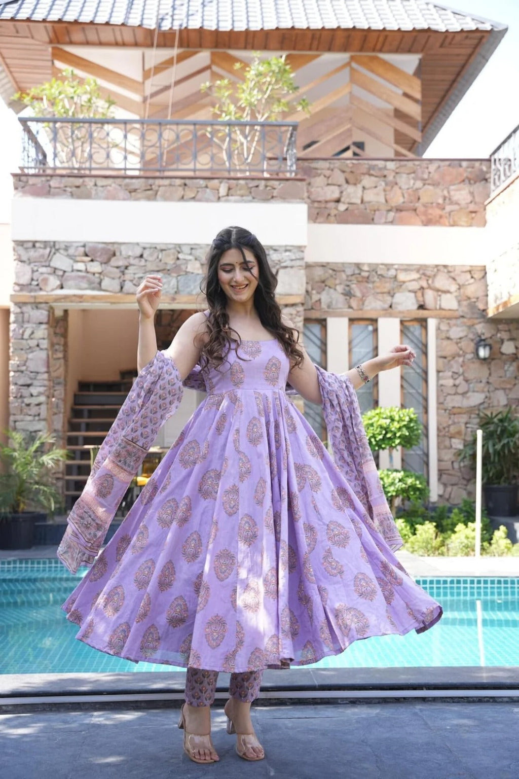 Pure Cotton Purple Lavender Anarkali Kurta And Pant With Dupatta