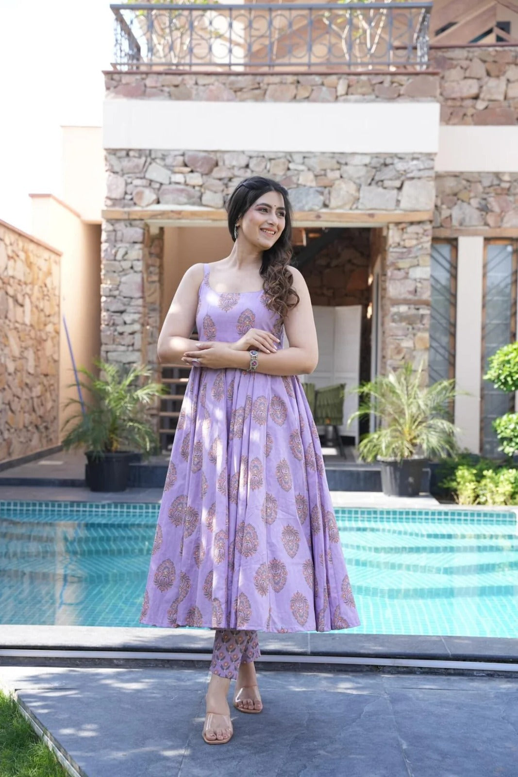 Pure Cotton Purple Lavender Anarkali Kurta And Pant With Dupatta