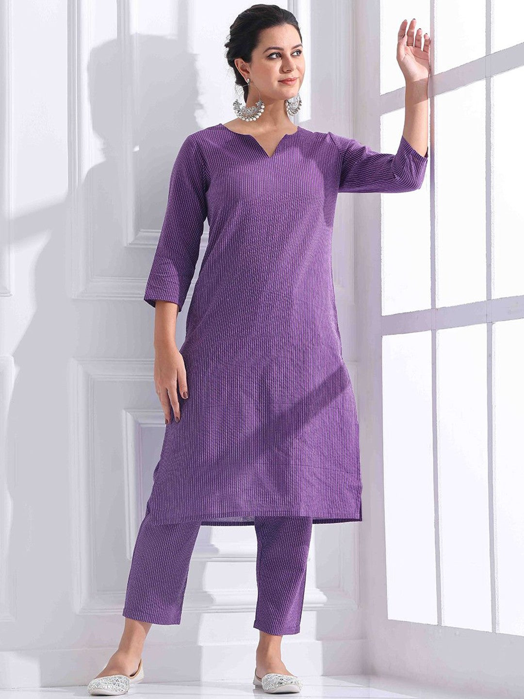 Purple Striped Cotton Kurta Pant Set for Women