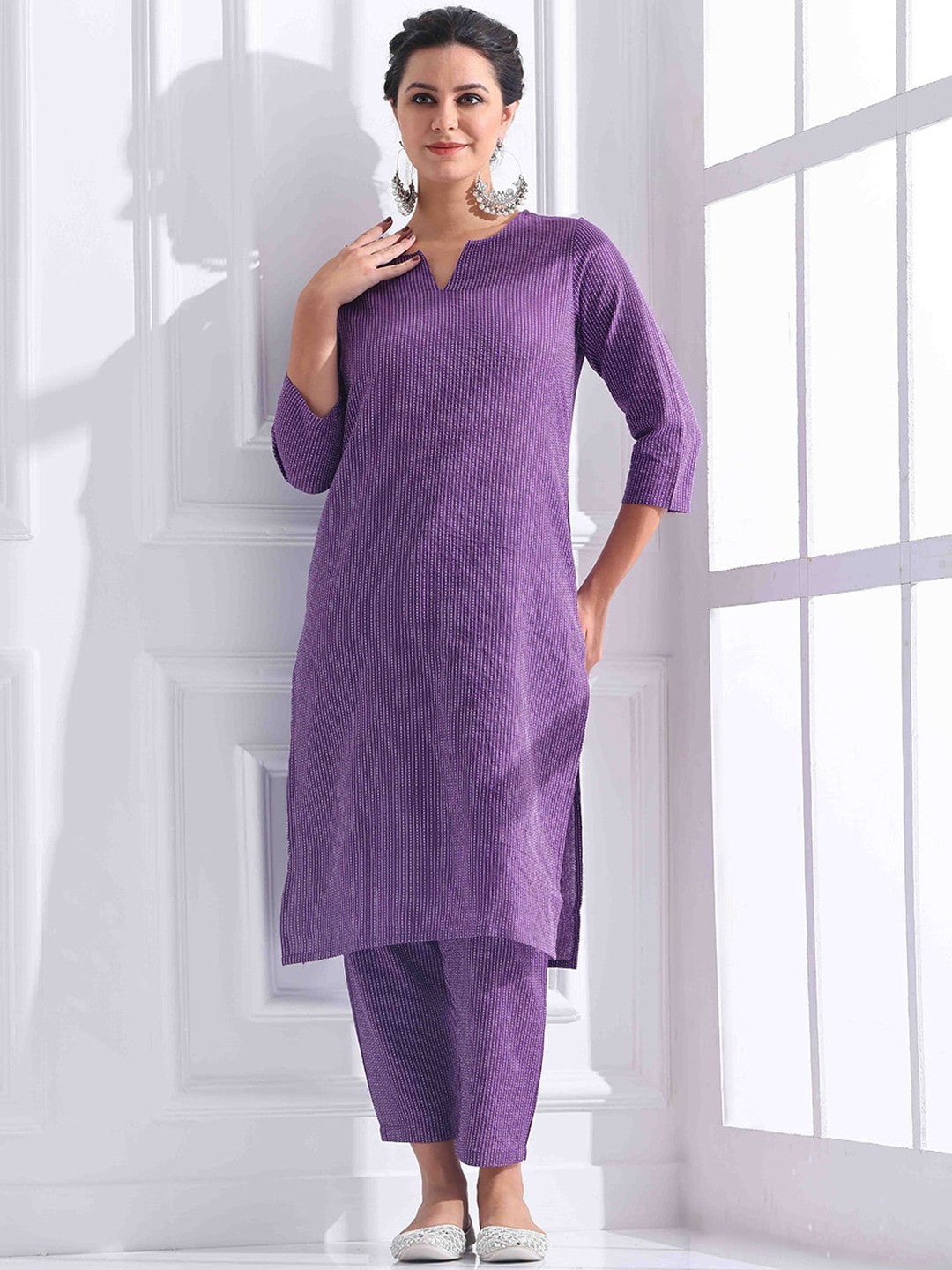Purple Striped Cotton Kurta Pant Set for Women