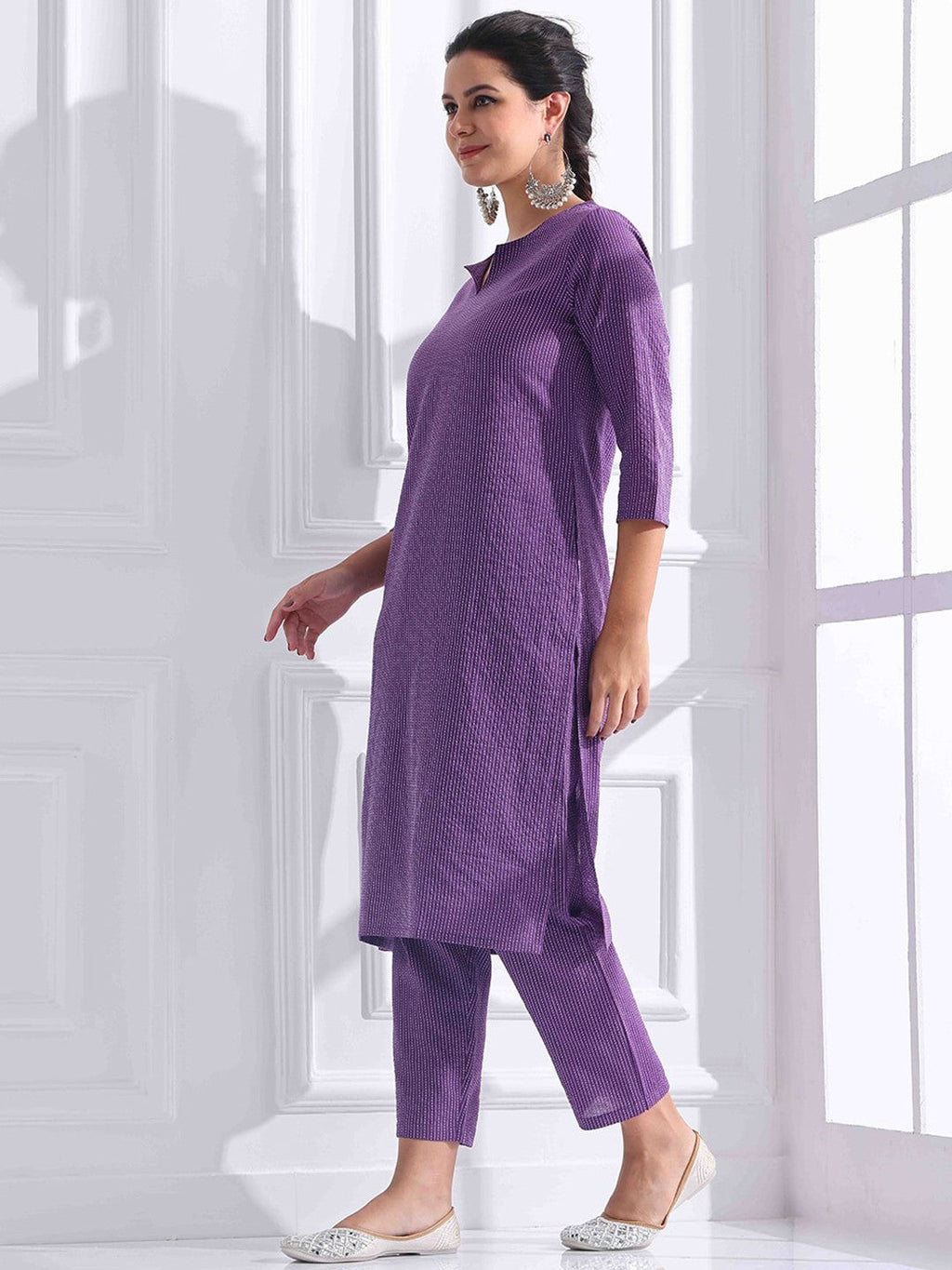 Purple Striped Cotton Kurta Pant Set for Women
