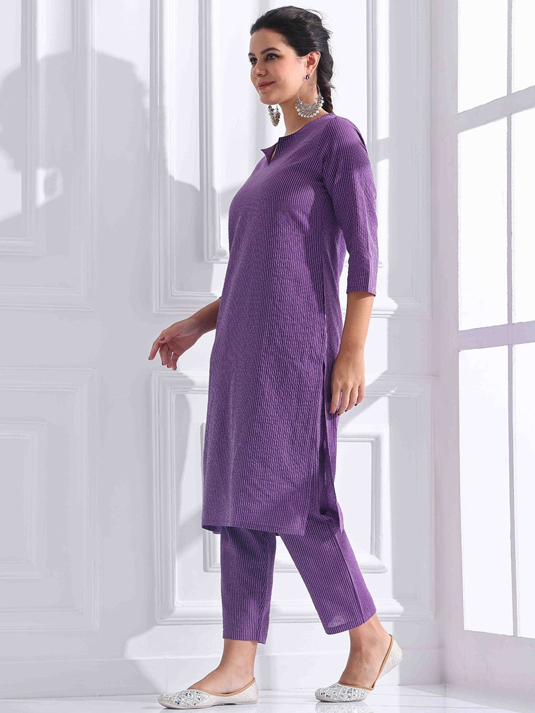 Purple Striped Cotton Kurta Pant Set for Women