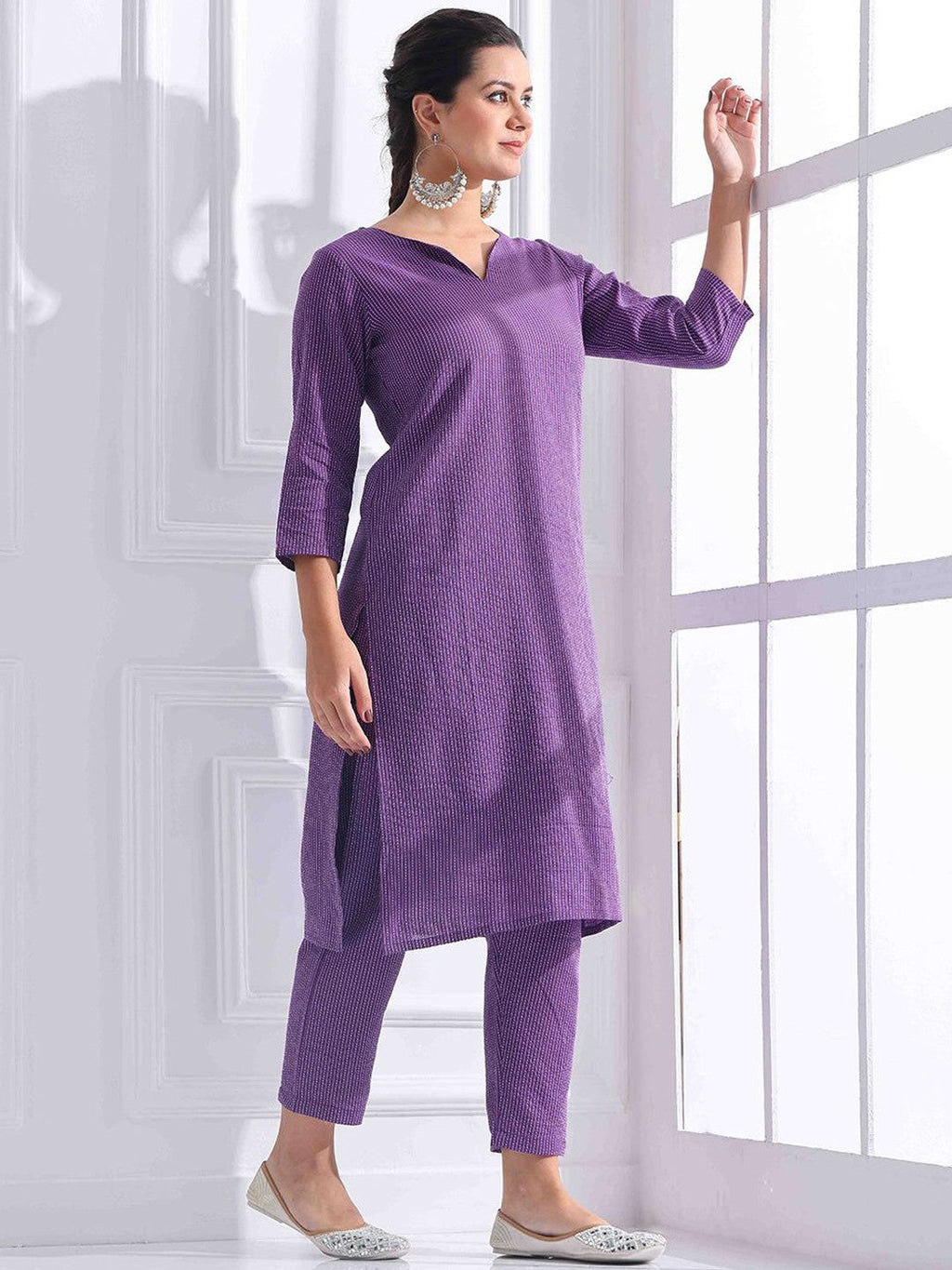 Purple Striped Cotton Kurta Pant Set for Women