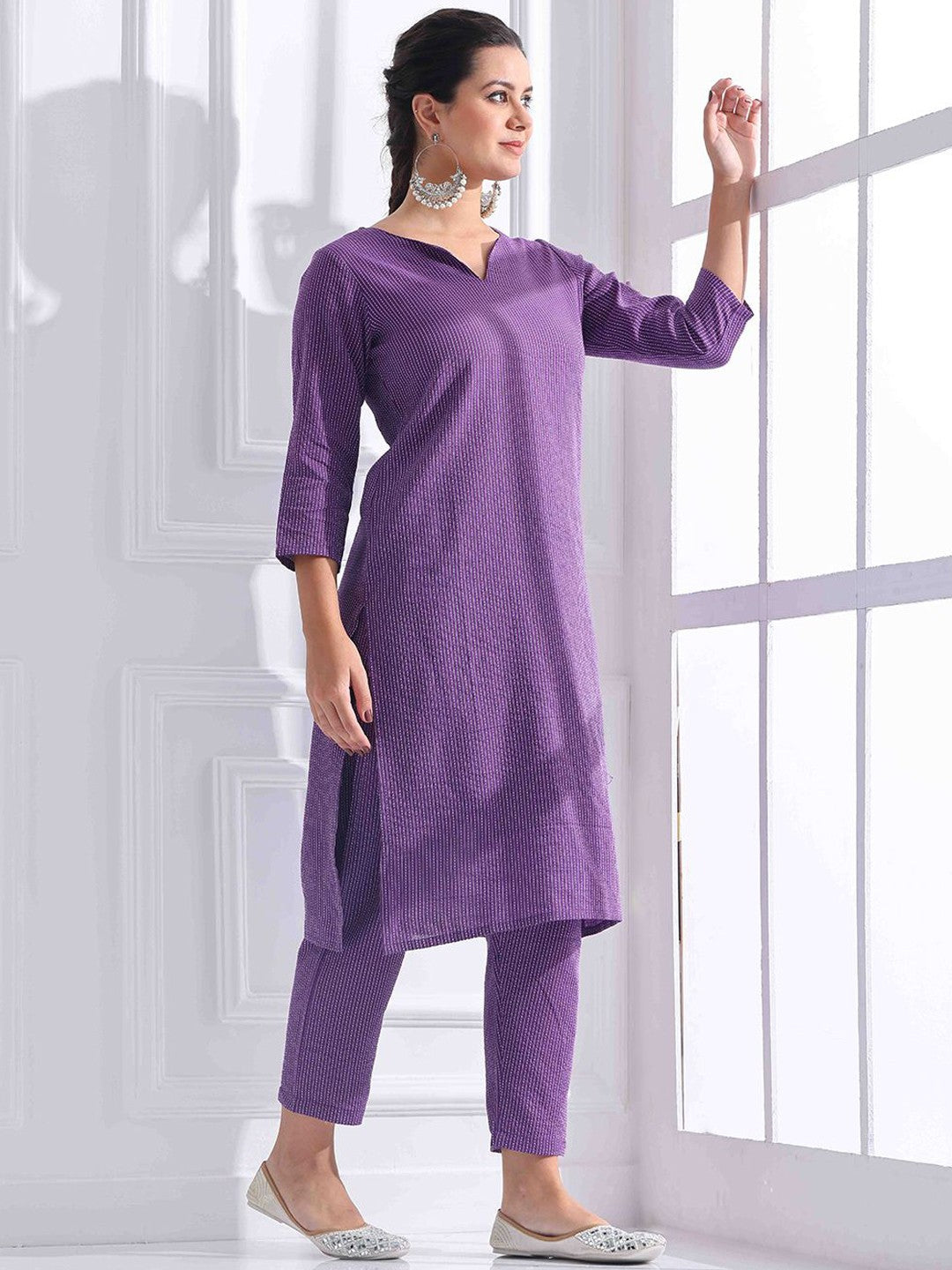 Purple Striped Cotton Kurta Pant Set for Women