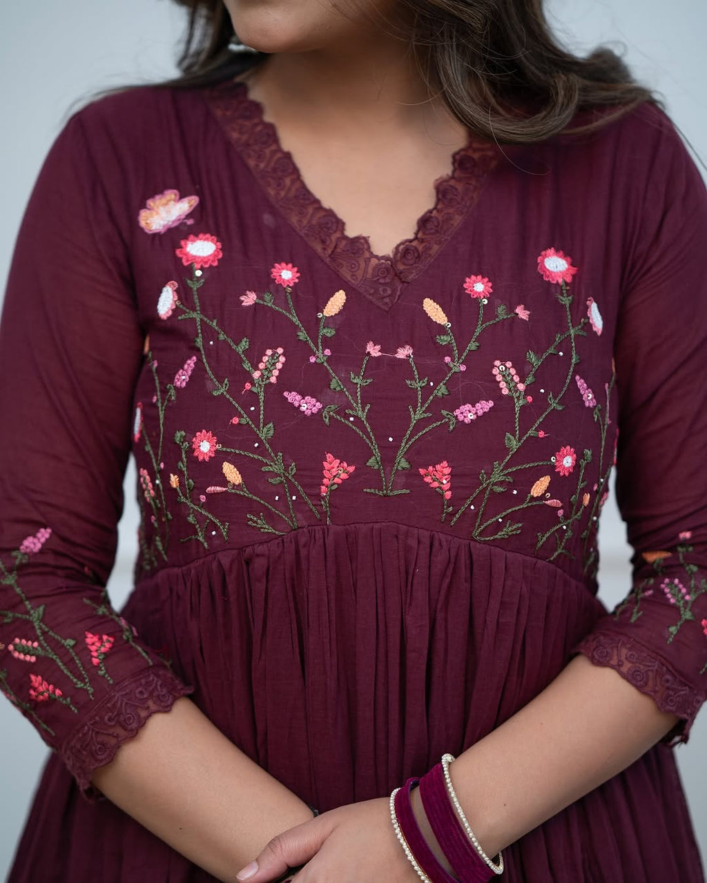 Wine Maroon Embroidered Cotton Anarkali Kurta Set with Dupatta