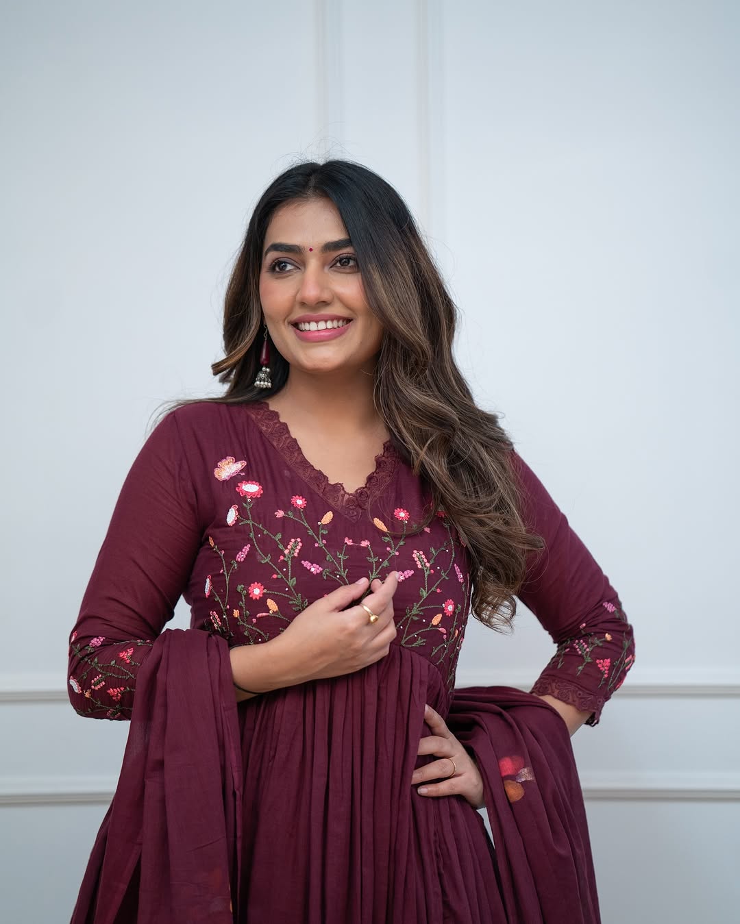 Wine Maroon Embroidered Cotton Anarkali Kurta Set with Dupatta