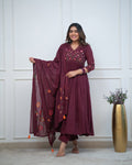 Wine Maroon Embroidered Cotton Anarkali Kurta Set with Dupatta