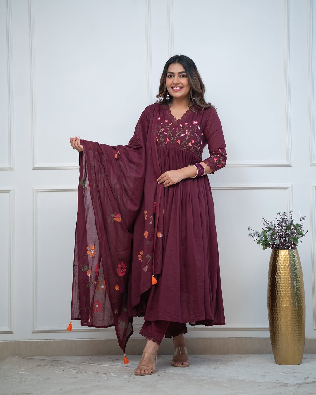 Wine Maroon Embroidered Cotton Anarkali Kurta Set with Dupatta