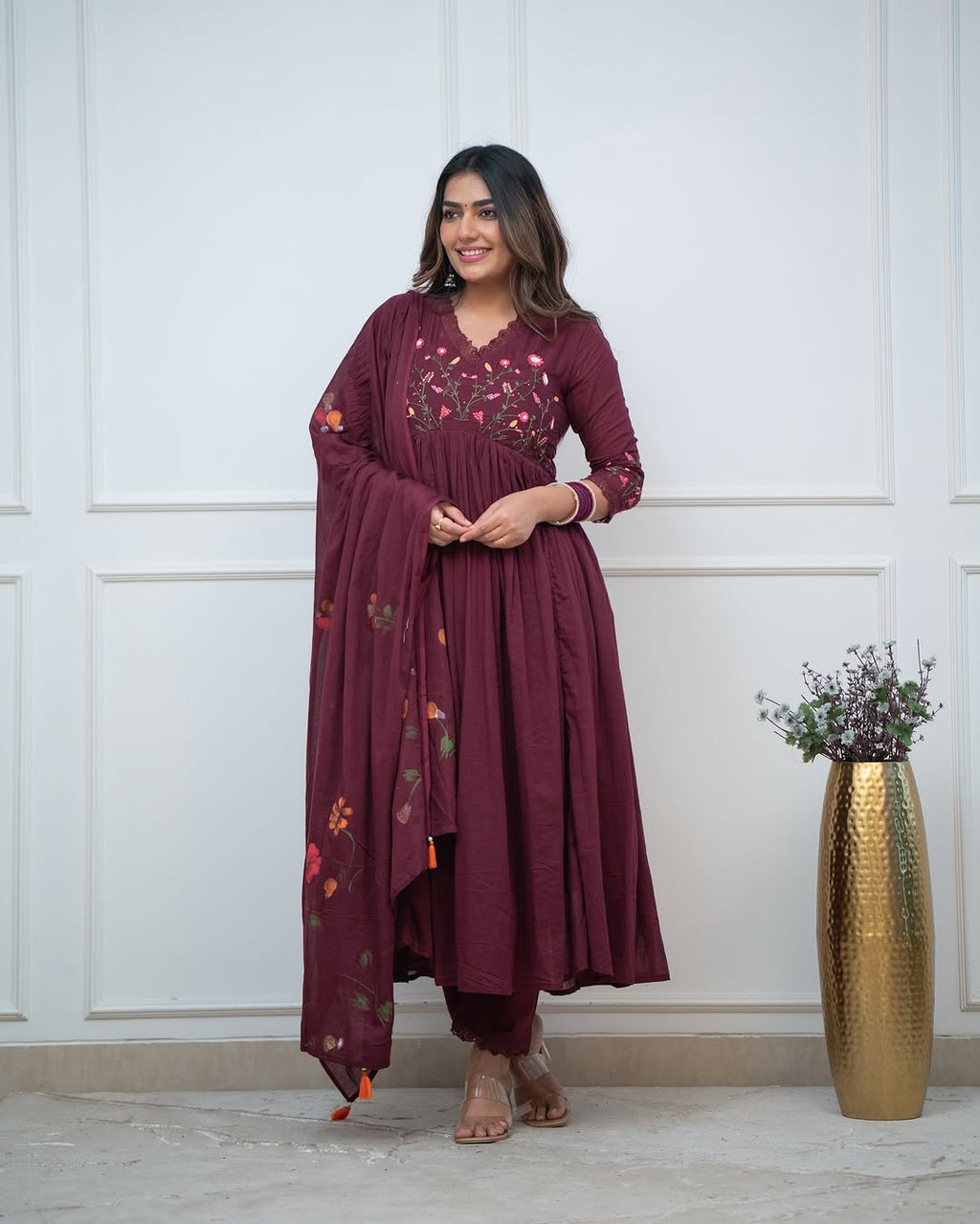Wine Maroon Embroidered Cotton Anarkali Kurta Set with Dupatta