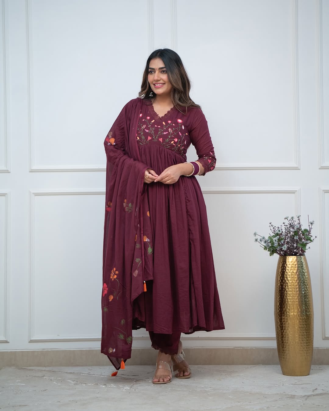 Wine Maroon Embroidered Cotton Anarkali Kurta Set with Dupatta