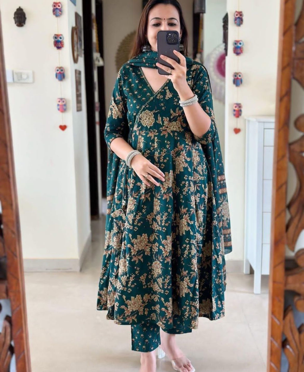 Teal Blue Floral Printed Cotton Kurta Set with Dupatta