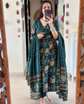 Teal Blue Floral Printed Cotton Kurta Set with Dupatta