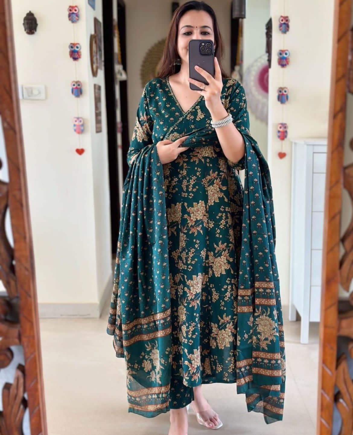 Teal Blue Floral Printed Cotton Kurta Set with Dupatta