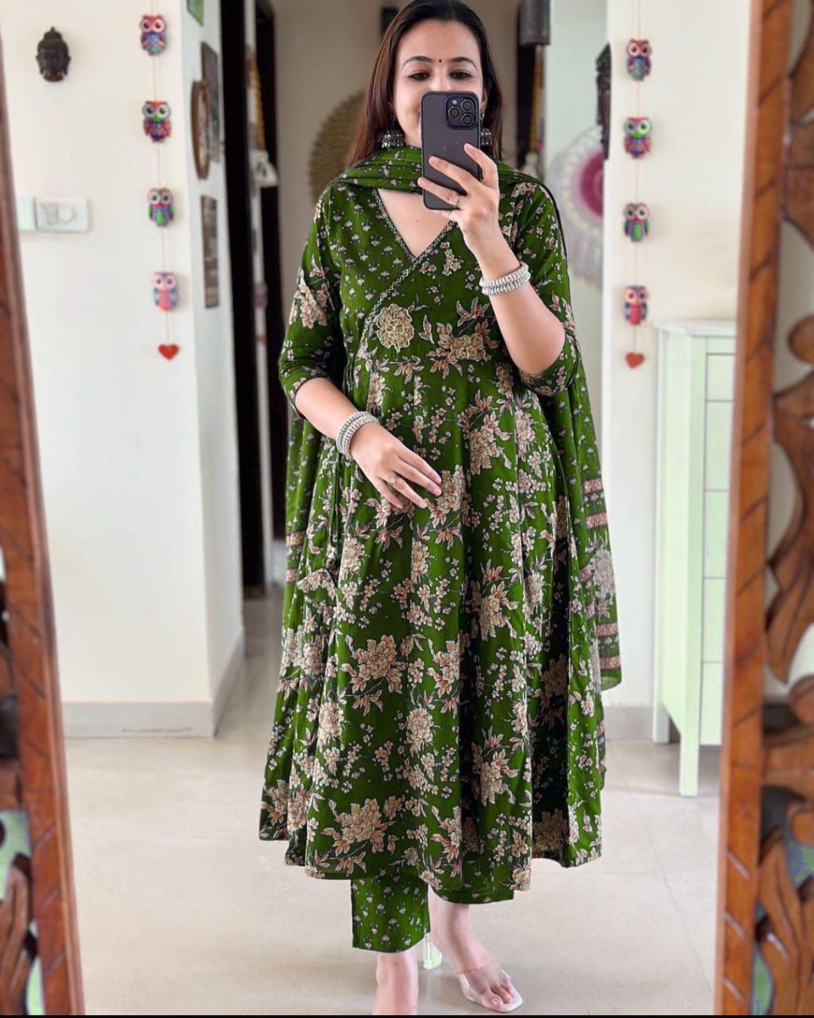 Olive Green Floral Printed Cotton Kurta Set with Dupatta