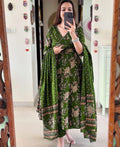 Olive Green Floral Printed Cotton Kurta Set with Dupatta