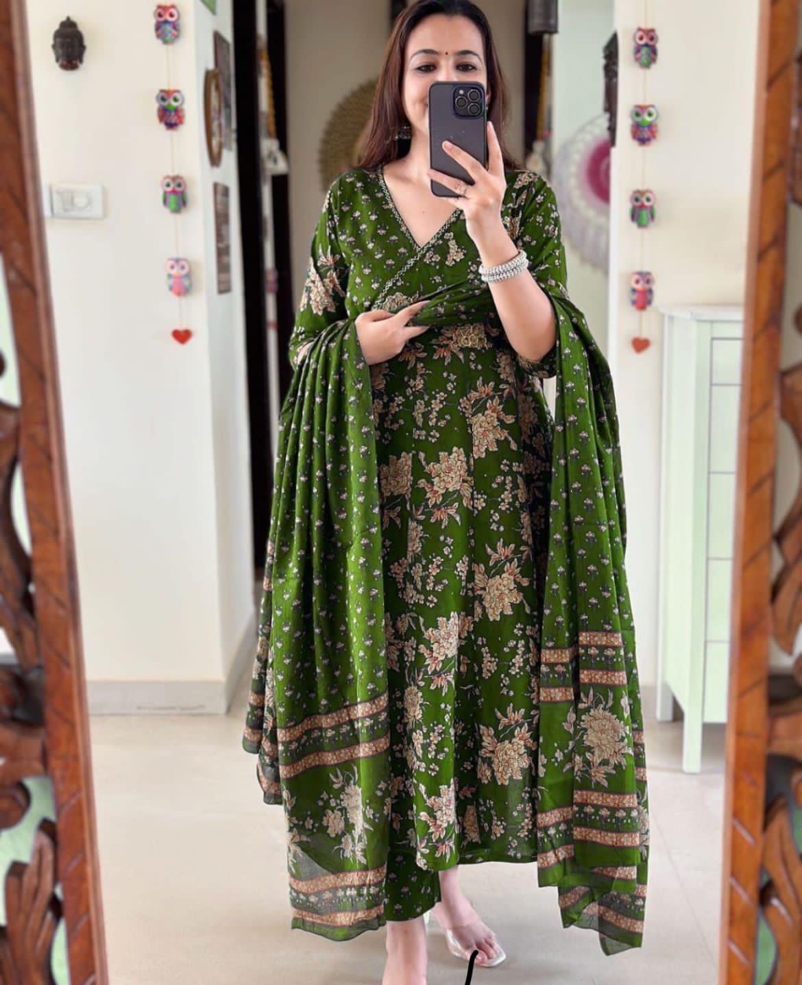 Olive Green Floral Printed Cotton Kurta Set with Dupatta