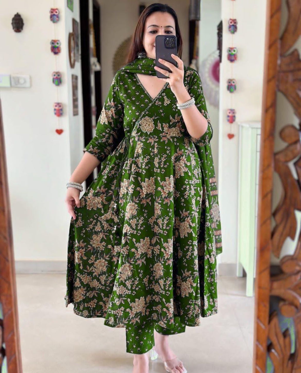 Olive Green Floral Printed Cotton Kurta Set with Dupatta
