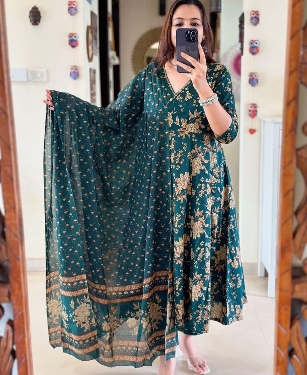 Teal Blue Floral Printed Cotton Kurta Set with Dupatta