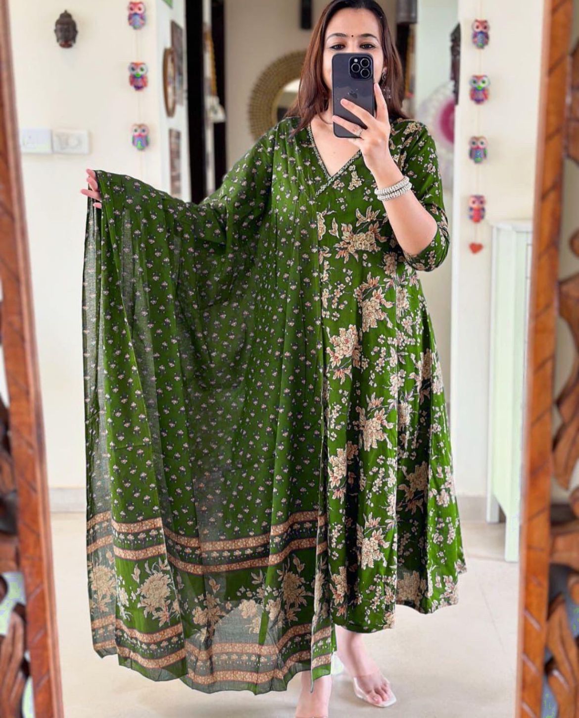 Olive Green Floral Printed Cotton Kurta Set with Dupatta