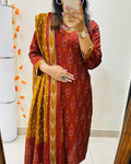 Maroon Ikat Print Cotton Kurta Set with Dupatta