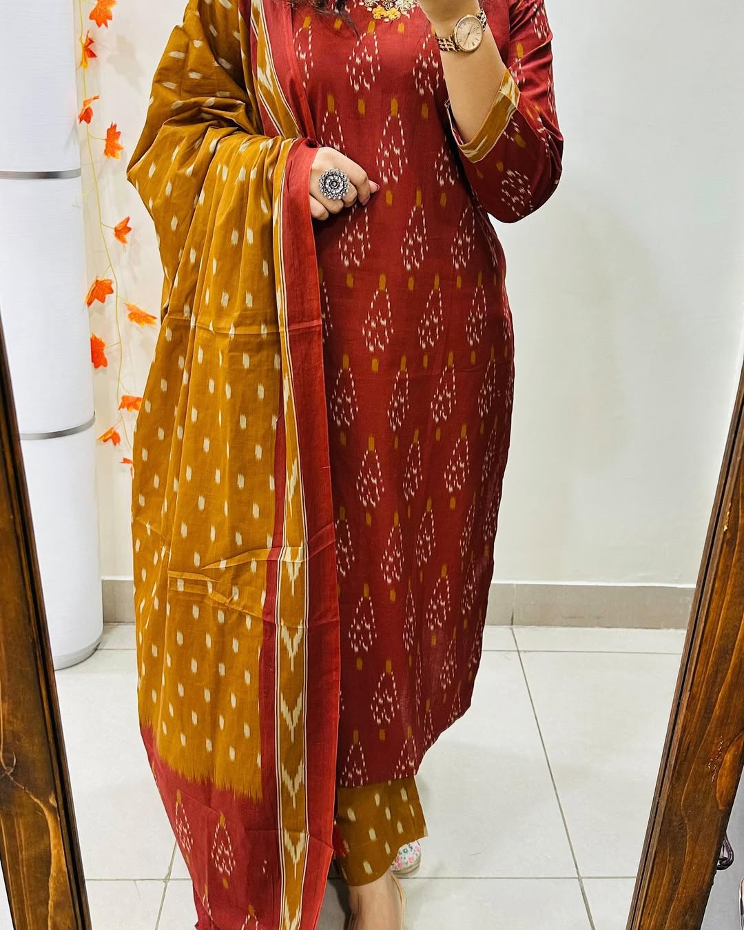 Maroon Ikat Print Cotton Kurta Set with Dupatta