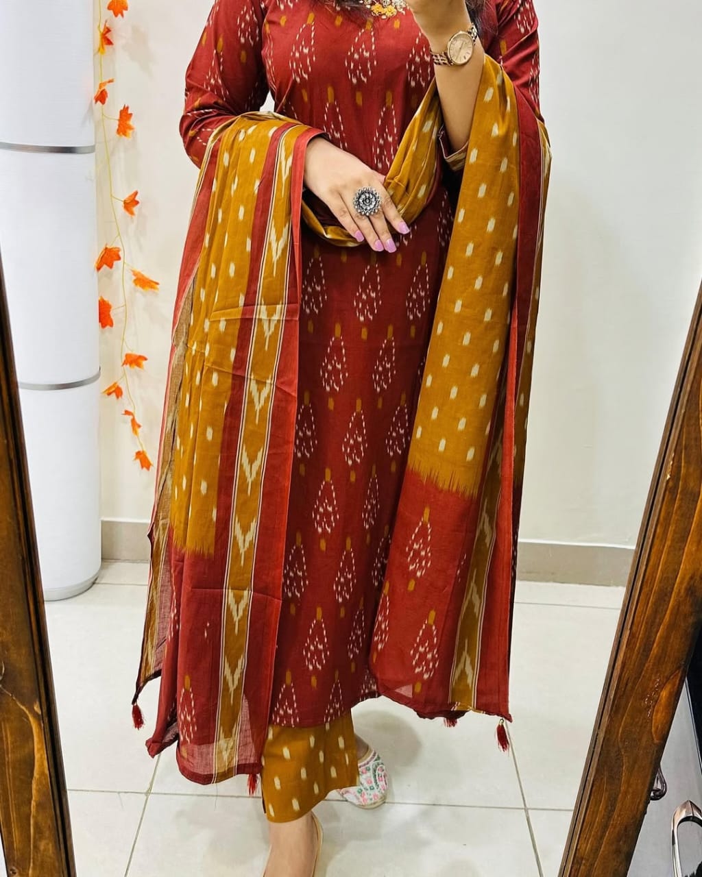 Maroon Ikat Print Cotton Kurta Set with Dupatta