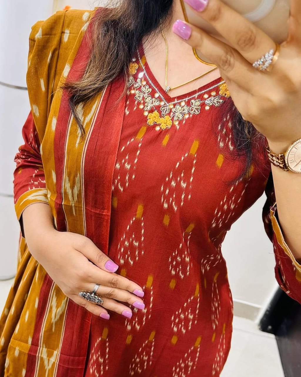Maroon Ikat Print Cotton Kurta Set with Dupatta