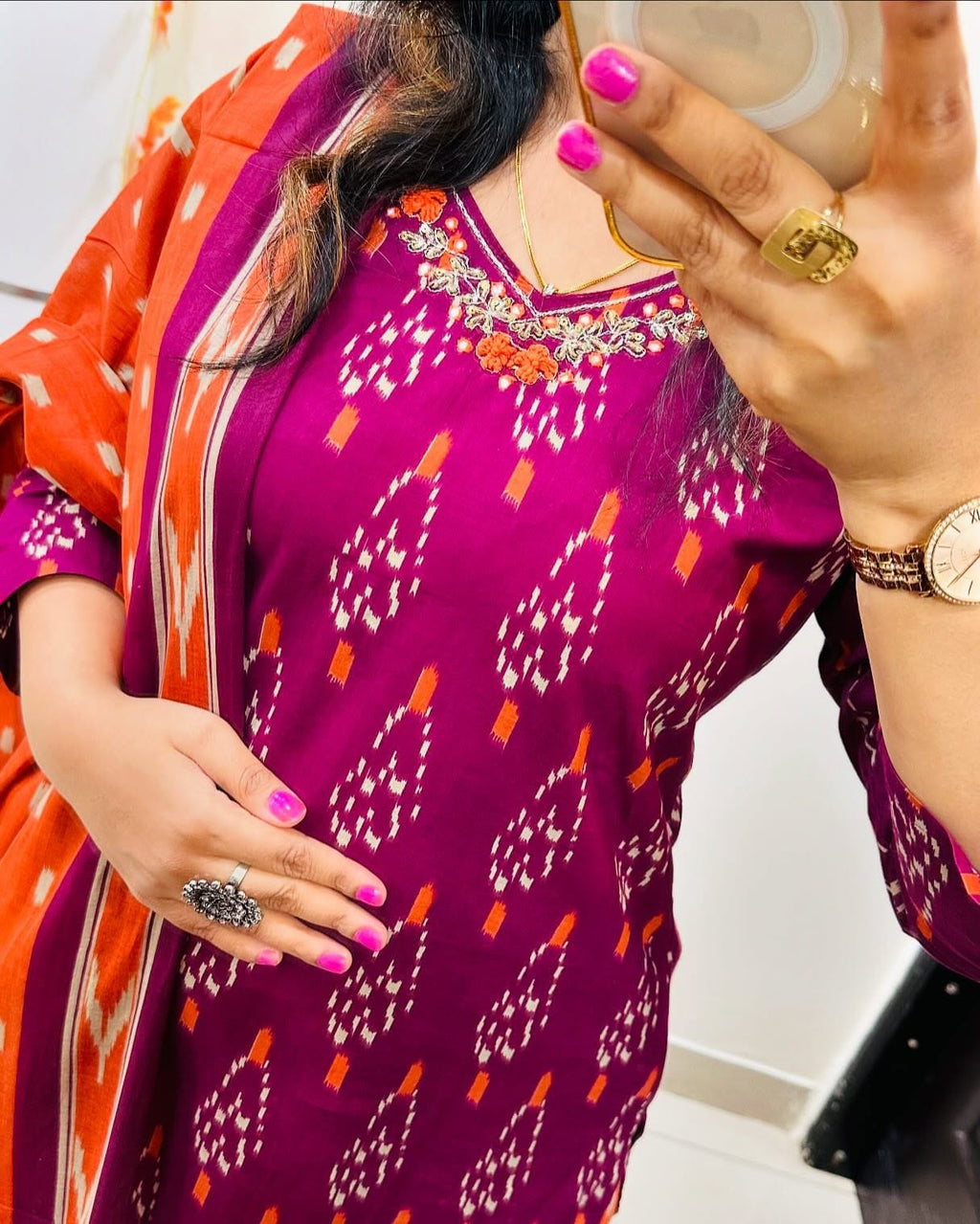 Purple Ikat Print Pure Cotton Kurta Set with Dupatta